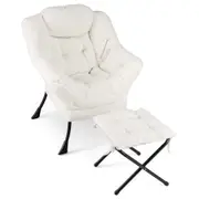 Giantex Upholstered Accent Chair Large Lazy Chair w/Ottoman & Storage Pocket Beige