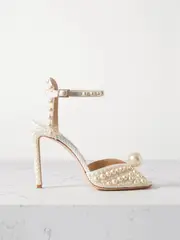 [Jimmy Choo] Jimmy Choo - Sacora 100 Faux Pearl-embellished Satin Sandals - White - IT36 IT 36 White