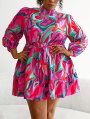 Shien Curve - Plus Size Beautiful Lantern Sleeve Ruffle Hem Belted Dress