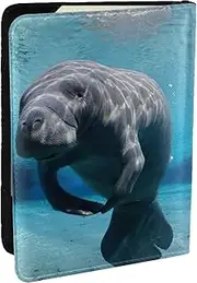 [EdWal] Cute Sea Animal Manatee Print Passport Cover with Credit Card Holder Leather Passport Case, for Women Men Family ID Travel, Black, One Size
