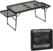 Family Camping Table with 2 Side Shelves, Folding Metal Grill Table, 2 Adjustable Heights, Picnic Table/Outdoor Table with Wing Panels Side Shelf for Outside, Camping, Picnic, Beach and BBQ