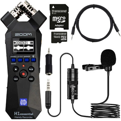 Zoom H1essential Portable Audio Recorder + Lavalier Condenser Microphone Bundle