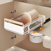 YonGYun Telescopic Drawer, Retrofitting, Extendable Drawers, Plate Cabinet Organiser, Kitchen Dish Drainer with Drip Tray for Kitchen & Living Room, No Drilling (White, Medium A)