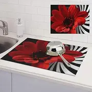 Red Flower Dish Drying Mats for Kitchen Counter, Absorbent Microfiber Kitchen Dishes Drainer Mat Large Dish Drying Pad with Hook Coffee Mat Kitchen Accessories 18x24 Inch