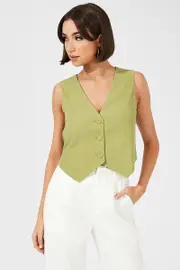 Green Top Waistcost Sleeveless V Neck Button Up Relaxed - Size 14, Women's Jacket