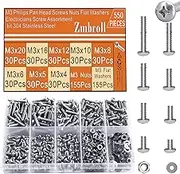 550Pcs M3 Phillips Pan Head Machine Screws M3x4/5/6/8/10/12/16/20mm Metric 304 Stainless Steel Screw Fully Thread Small Screws Fasteners Bolts Nuts and Flat Washers Assortment Kit