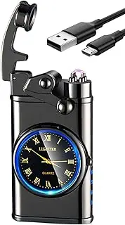 Electric Lighter Personalized Creative Lighter USB Rechargeable Lighter Flameless Lighter Windproof Dual Arc Plasma Lighters with Luminous Real Watch dial LED (Black)