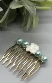 Formal Bridal Wedding White flower Light Teal Beads 2.0” metal gold Comb