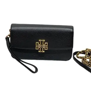 【TORY BURCH】TORY BURCH 荔枝紋編織鍊帶翻蓋手拿 斜背二用WOC包 黑色