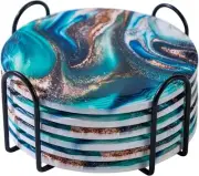 Blue Marble Coasters with Holder Set of 6, Absorbent Coaster Green