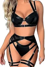 [Generic] Women's Lingerie Set 4 Pieces Suspender Lingerie with Thigh Cuffs Strappy Underwear Set with Garter Belt