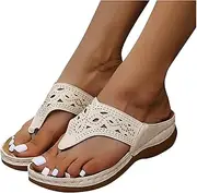 [XBCDX] Women Wedges Platform Sandals Glitter Rhinestone Hollow Flip Flops Slippers with Arch Support Orthotic Sandals for Ladies Comfort Breathable Walking Shoes,Beige,US12/EU43