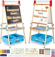 FUNLIO Art Easel for Kids Aged 2-8, Anti-Warp Board & Erasable Frame, Toddler Painting Easel with Magnetic Chalkboard/Whiteboard, 3-Level Height Adjustable, All-in-One Standing Easel with Paper Roll