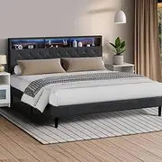 Oikiture King Size Bed Frame with LED Display Shelf Storage Tufted Headboard King Bed Grey