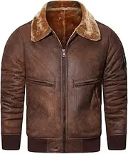 [HOOD CREW] Men’s Faux Leather Jacket Warm Winter Fur Coat Motorcycle Bomber Jacket, Brown, XL