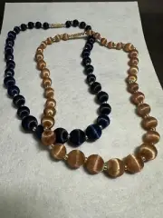 Vintage Multicolor Silk Satin Thread Beaded Necklaces Lot of 2 Navy and Brown