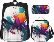 [DRTGEDS] 3pcs Backpack Sets, Paint Splatter Printed Backpacks Set With Lunch Bag Pencil Pouch