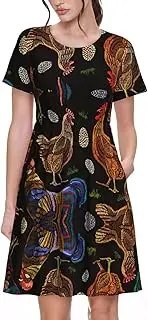 [EdWal] Chicken Print Print Womens Sundress Summer Floral Short Sleeve Wrap Round Neck A-Line Midi Dress Summer
