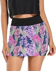 [RPLIFE] Floral Hyacinth Purple Ladies Athletic Skort, Ladies Skorts with Pockets，Skirt Elastic Waist