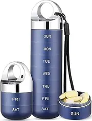 Zannaki Metal Travel Pill Organizer, Portable Waterproof Weekly Box, Large Aluminum Alloy Case Container, BPA Free 7 Day Daily Medicine Organizer Holder for Vitamin, Fish Oil, Supplement, Matte Blue