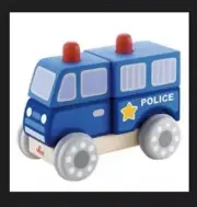 Wooden Building Blocks Wheels Toy Game Kids Childrens Homeschooling Police Car