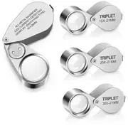 4PCS Illuminated Jewelers Loupe Magnifier, 10X 20X 30X 40X Full Metal Magnifying Glasses, Pocket Foldable Jewelry Loop Silver