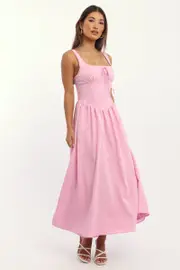 Pink Midi Dress Gathered Bust - Size 16XL, Women's Maxi Dress
