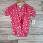 LuLaRoe Cardigan Girls 1 Pink White Polka Dot Open Front Short Sleeve Bianka