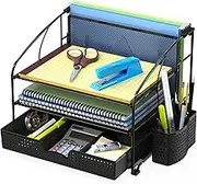 SimpleHouseware Desk Organizer 3 Tray with Sliding Drawer, Hanging File Holder and Pen Holder Accessory, Black