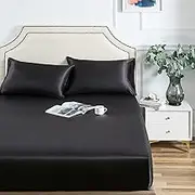 ForZzz Satin Sheets Queen Size Silky Soft Satin Bed Sheets,AU Size White Satin Sheet Set, 1 Deep Pocket Fitted Sheet + 2 Pillowcases(Queen,Black)