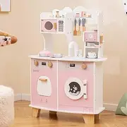 HONEY JOY All-in-1 Wooden Kids Kitchen Playset, Pretend Play Kitchen w/Coffee Maker, Microwave, Oven, Washing Machine, Cooking Accessories & Sink, Toy Kitchen Set for 3+ Years Old, Pink