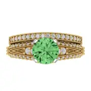 2.1 Round Cut Pave Light Sea Green Ring Band bridal Set 14k 2 Tone solid Gold