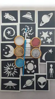 Space themed glitter tattoo set incl. stencils + glitter + glue stars moon UFO