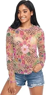 [RPLIFE] Vibrant Colorful Flowers Leopard Print Mesh Top, Womens Sheer Tops S-XXL