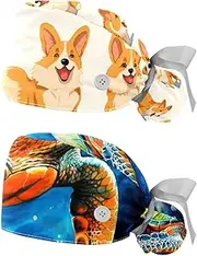 [YTYVAGT] 2-Pc,Nurse Scrub Caps,Scrub Hats with Buttons and Cotton Sweatband,Dogs Animals