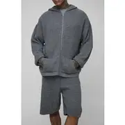 Mens Grey Tall Chain Stitch Zip Though Oversized Knitted Hoodie & Short Set