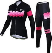 [LMKIJNB] Womens Cycling Jersey Long Sleeves Set Bicycle Clothing Sportswear Biking Suit Tights Spring Autumn Moisture Wicking Quick-Dry UV Protection 3D Gel Padded MTB Outdoor Windproof PO02,A,Small
