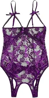[Generic] Long Sleeve Lingerie for Women Teddy Women Lace Jumpsuit Open Crotch Backless Lingerie Hollow Bodysuit Bow Vintage Lingerie for Women 1940