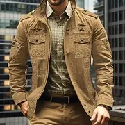 Men's Bomber Jacket Varsity Jacket Tactical Jacket Casual Wearable Multi Pocket Spring Fall Winter Military Military Style Stand Collar Regular Cotton Black Kh