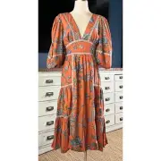 New $295 Anthropologie Love The Label Orange Puffed Sleeve Floral Midi Dress XS