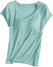 [Suhorseful] Women's Pajama Top with Built-in Bra Short Sleeve T-Shirt Padded Wireless Bra Tops Yoga Shirt Soft Sleep Tee Sleepwear, Green, Medium