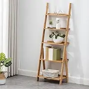 Maydear Bamboo Ladder Shelf, 5-Tier Trapezoid Bookshelf, Storage Rack Shelves, Wall Shelf Flower Stand, for Living Room, Kitchen, Office, Balcony - Wood Colour
