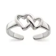 Polished Double Hearts Toe Ring - Solid Sterling Silver Open Adjustable