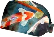 [FVQL] Pack of 2 Surgical Cap Scrub Cap with Buttons, Japanese Style Pattern Carp Fish Animal