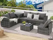 [KEIKI] 6Pcs Outdoor Patio Sectional Couch Sofa Conversation Furniture Sets with Chair, Storage Corner Cabinet, Glass Top Coffee Table & Cushion, Wicker Woven Seating for Backyard Lawn