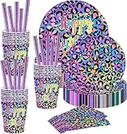 Leopard Print Birthday Party Supplies, Leopard Print Birthday Tableware Party Plates 9" 7" Plates Napkins Straws 9 Oz Cups for Leopard Print Birthday Party Decoration
