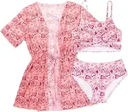 [FEESHOW] Girls 3PC. Bikini Set Heart Print Swimwear with Cove Up Dress Boho Swimsuit Summer Tankini Set Beach Bathing Suit