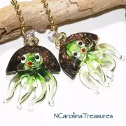 GREEN FLORAL JELLYFISH GLITTER GLASS CEILING FAN LIGHT SWITCH PULL LG PAIR J125