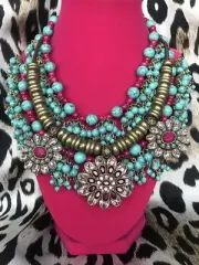 Betsey Johnson Boho Betsey Turquoise Bead Fuchsia Crystal Flower Necklace $195