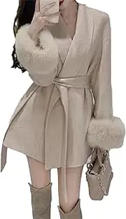 [Generic] Women's Winter Biege Woolen Coat Lapel Loose Sashes Fur Full Sleeve Blends Short Jacket